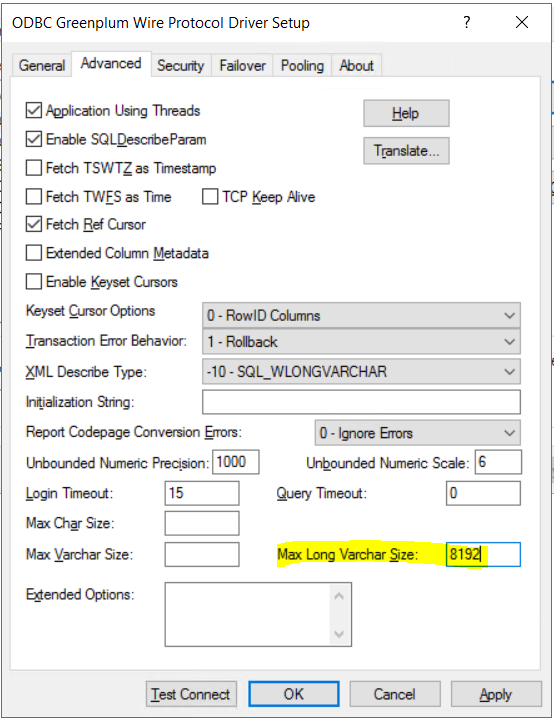 advanced settings for Greenplum ODBC driver