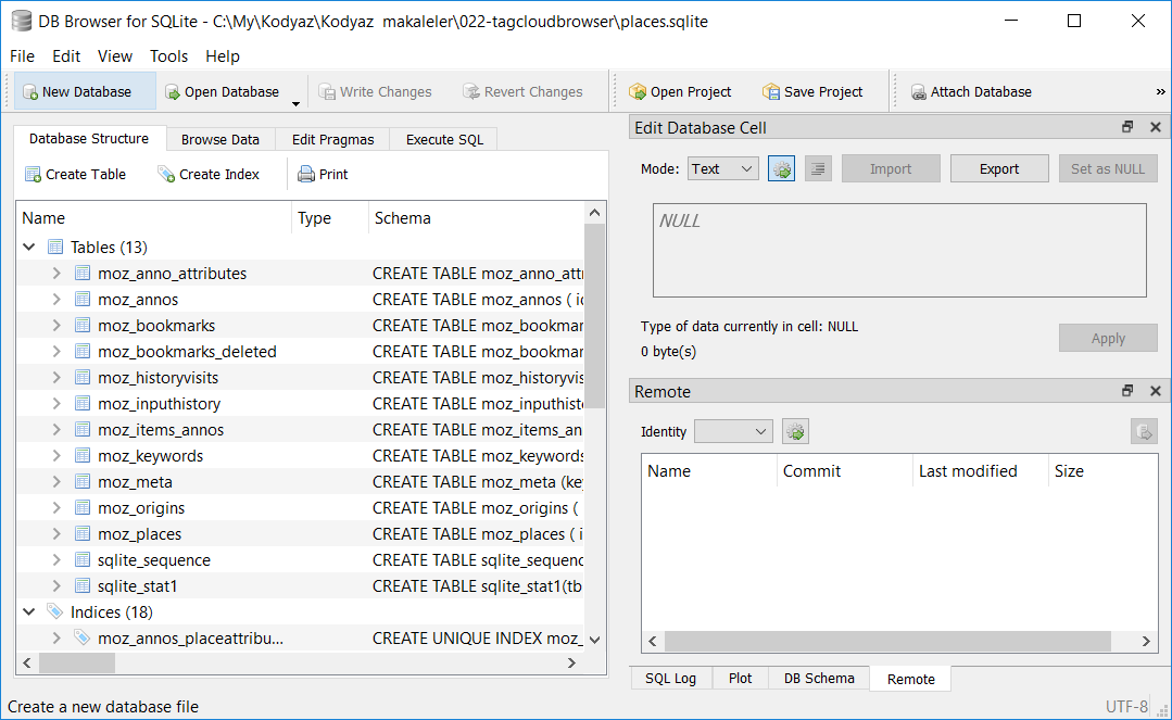 Firefox web browsing history file opened with DB Browser for SQLite