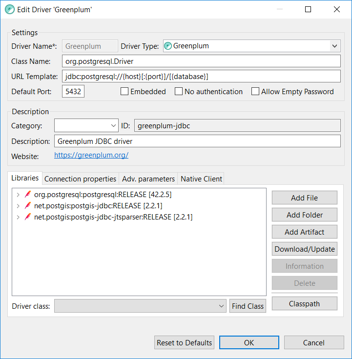 replace DBeaver PostgreSQL driver for Greenplum database connection