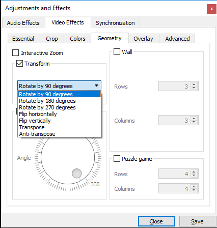 rotate video by transform effect using vlc tool