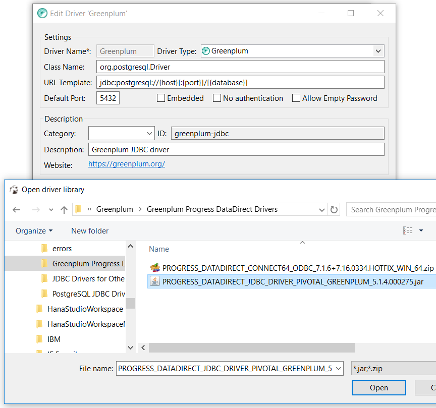 Pivotal Greenplum JDBC Driver .jar file selection on DBeaver