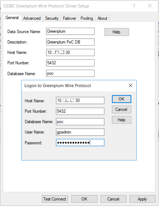 test Greenplum database ODBC connection