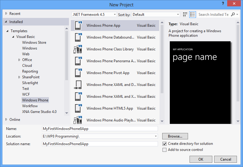 create Windows Phone 8 app using Visual Studio 2012