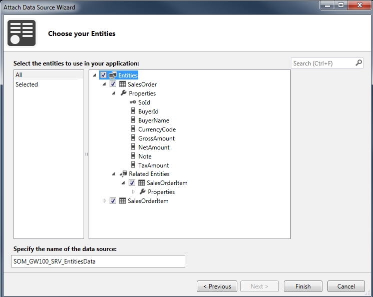 choose OData entities to use in Visual Studio project