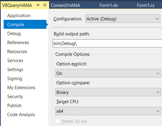 Visual Studio configuration in VB.NET projects for 64-bit HDBODBC driver