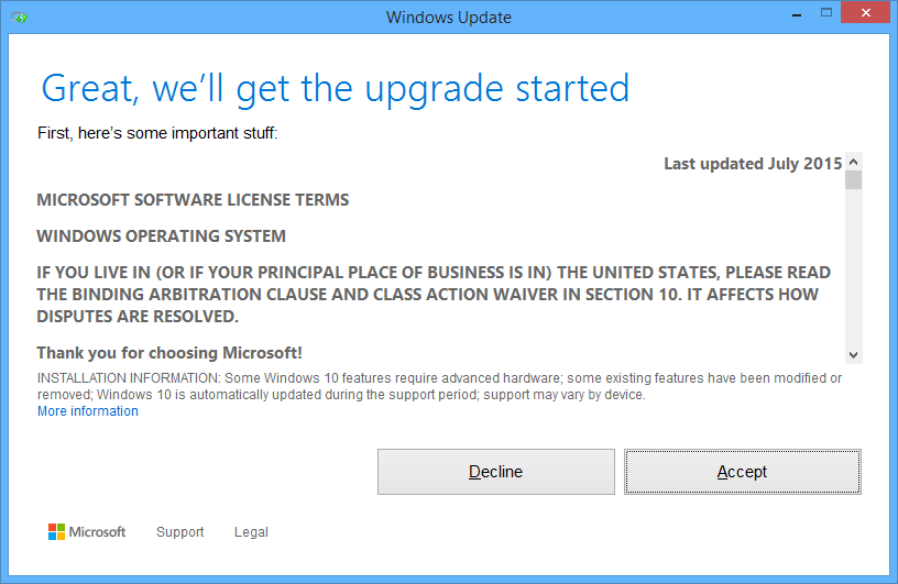 accept license terms for Windows 10 upgrade