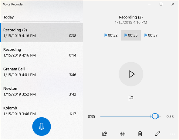 use of markers in voice recording Windows 10 app