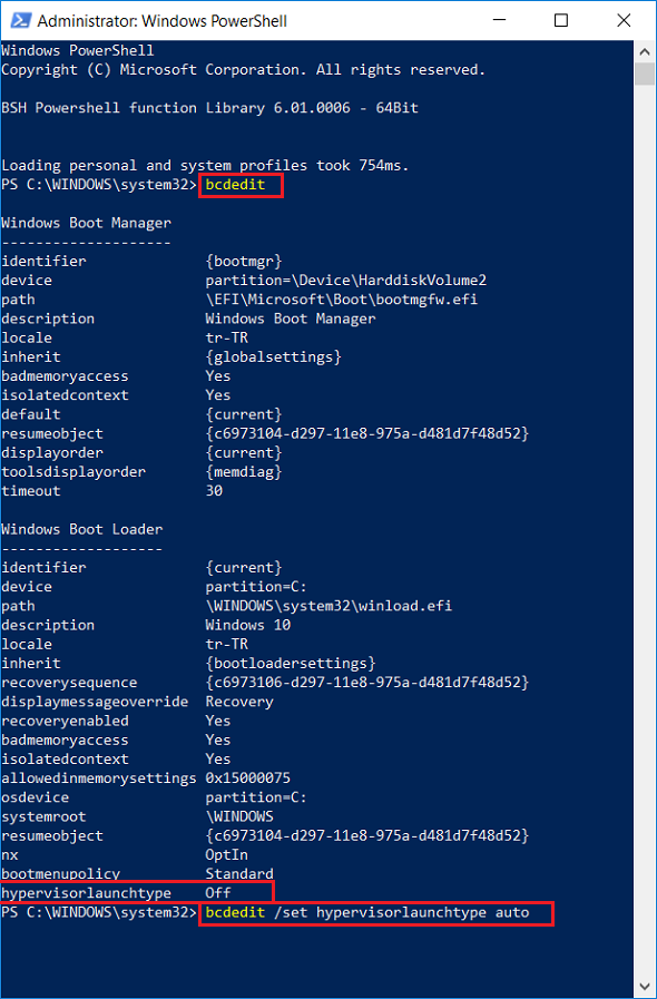 execute BCD on PowerShell for hypervisorlaunchtype