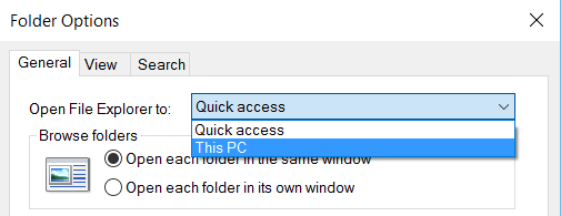 change default folder for File Explorer on Windows 10