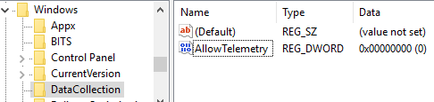 prevent data collection on Windows 10 using AllowTelemetry registry key