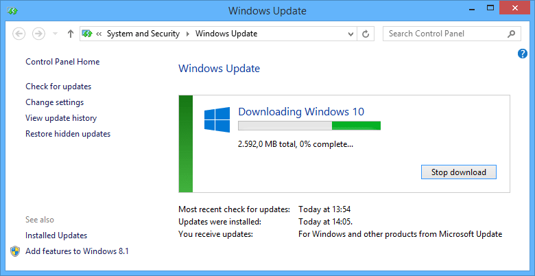 downloading Windows 10 upgrade