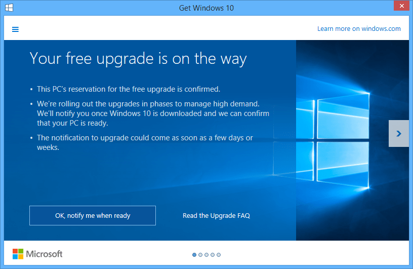 reservation for free Windows 10 upgrade is confirmed