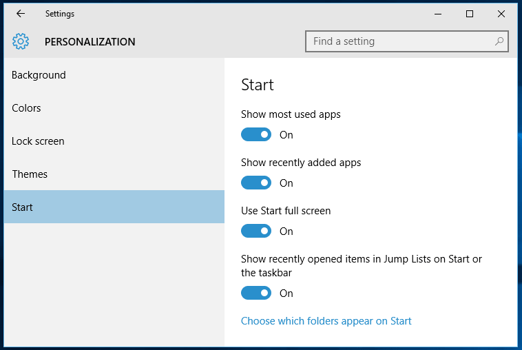 Windows 10 Start screen settings