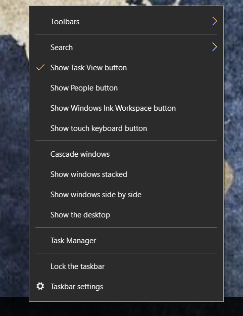 Windows Taskbar context menu