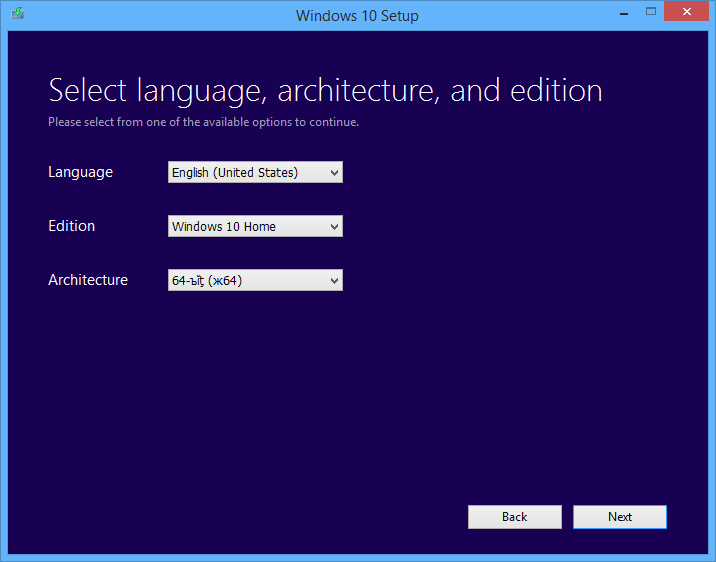 choose language, edition and architecture of Windows 10 setup