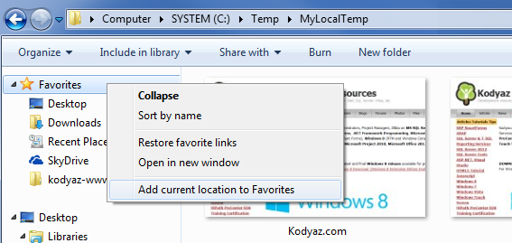 Windows 7 Favorites folder for frequently used folders