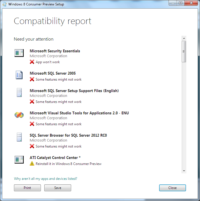 Windows 8 Installation Compatibility Advisor Report