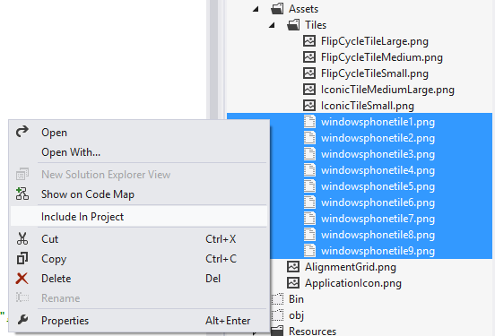 add tile images to Windows Phone app project