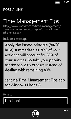 Windows Phone 8 launcher ShareLinkTask to post a web URL on social media sites