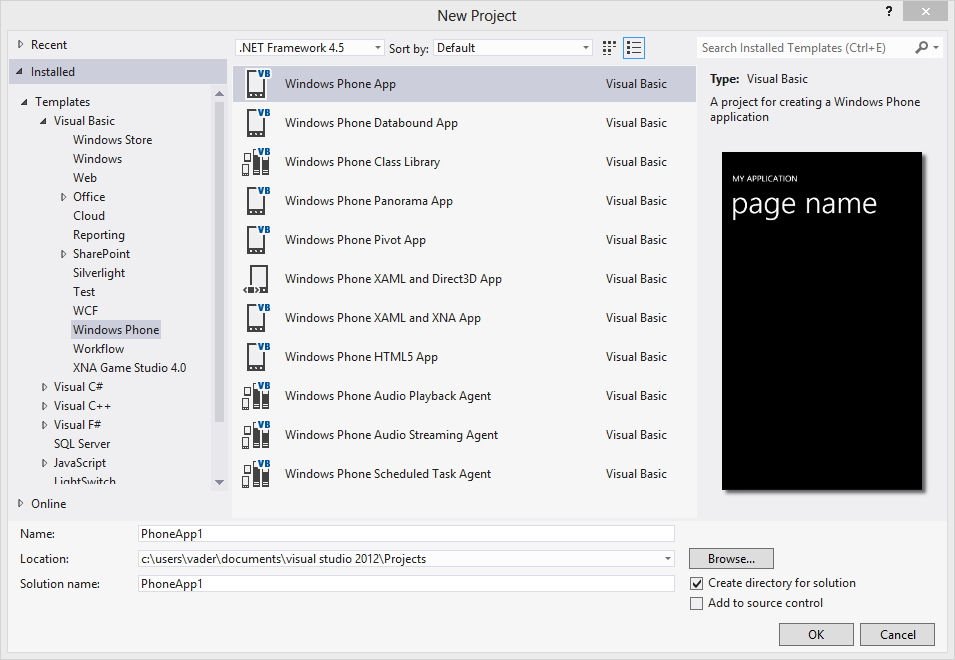 create Windows Phone 8 app in Visual Studio 2012 using Windows Phone SDK 8.0