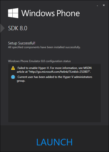 Windows Phone Emulator 8.0 configuration status: Failed to enable Hyper-V