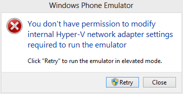 run Windows Phone Emulator in elevated mode