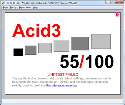 Windows Internet Explorer 9 (IE9) Acid3 Test Result