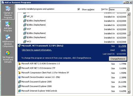 Add or Remove Programs for MS .NET Framework 3.5 SP1 (Beta)