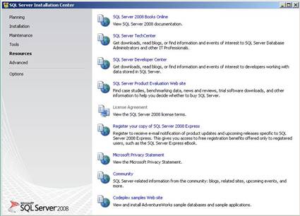 SQL Server Installation Center Resources tab