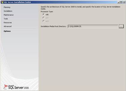SQL Server Installation Center Options tab