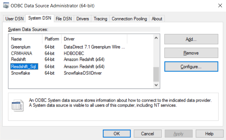 ODBC Data Source Administrator with Redshift driver and connection