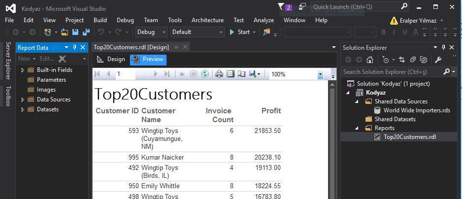 sample SQL Server 2016 Reporting Services report in Data Tools IDE