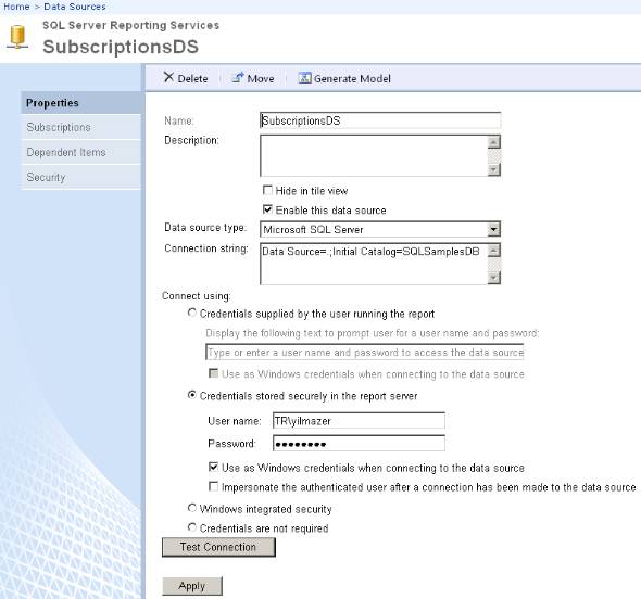 SQL Server Reporting Services data source credentials for report subscription