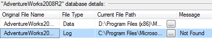 AdventureWorks2008R2 database details for missing log file