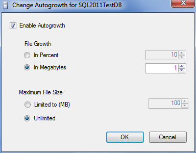 file growth and maximum file size properties of new database