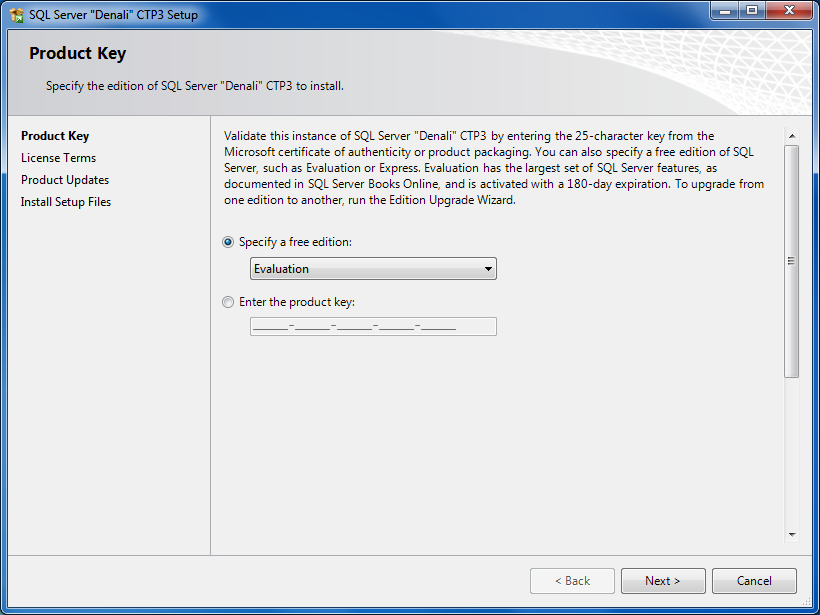 SQL Server product key or free edition selection