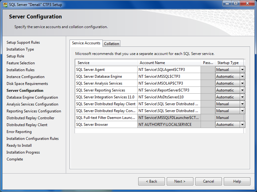 SQL Server service accounts configuration