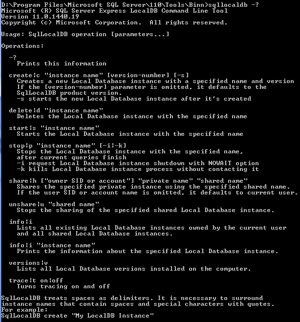 SQL Server Express LocalDB command line tool help