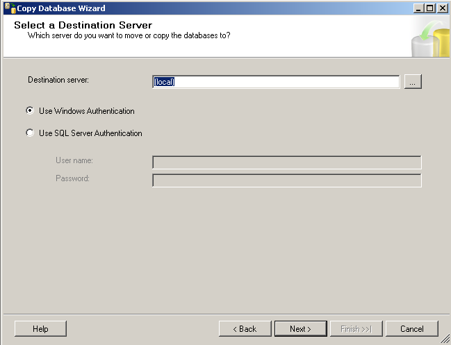 Destination server for SQL Server Copy Database wizard
