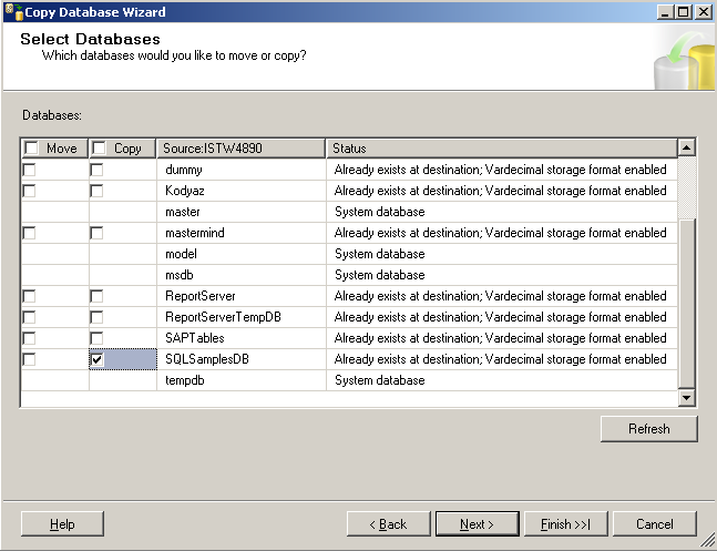 Choose SQL databases to move or copy to other SQL Server instance
