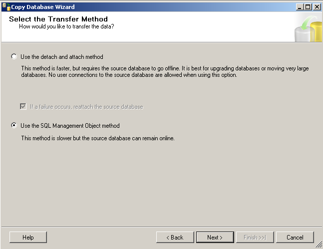 Copy or Move database method selection