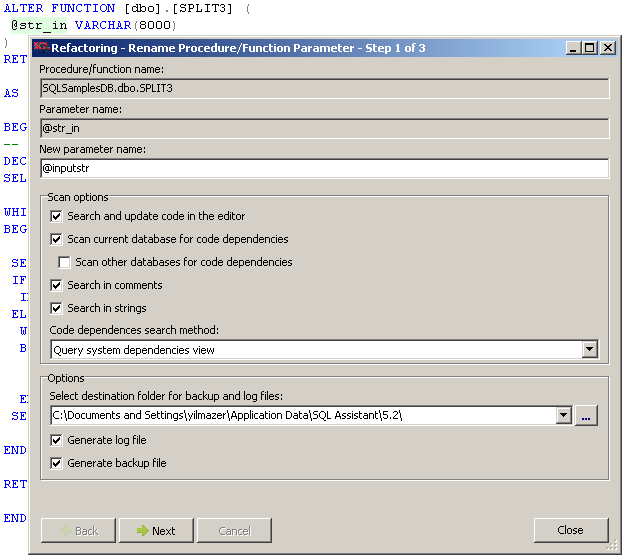 SQL refactoring tool to rename procedure or sql function