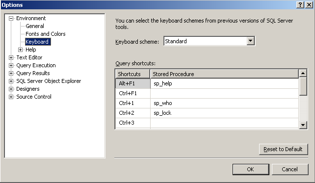 SQL Server Management Studio Options for keyboard shortcuts