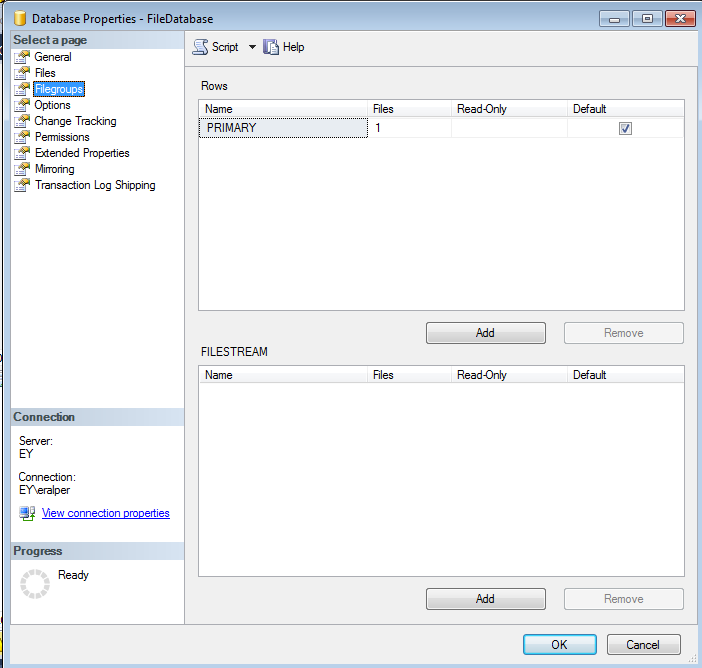 Default FILESTREAM filegroup is not available in database 'DatabaseName'